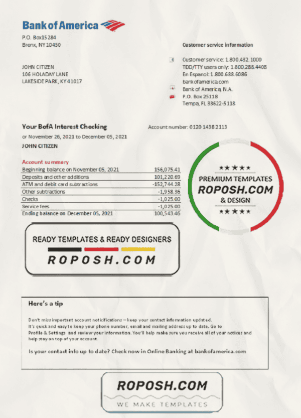 USA Bank of America bank statement easy to fill template in .xls and .pdf file format