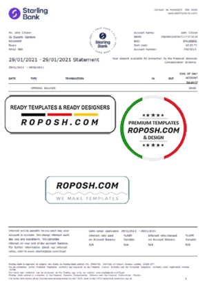 United Kingdom Starling bank statement template in Word and PDF format, good for address prove