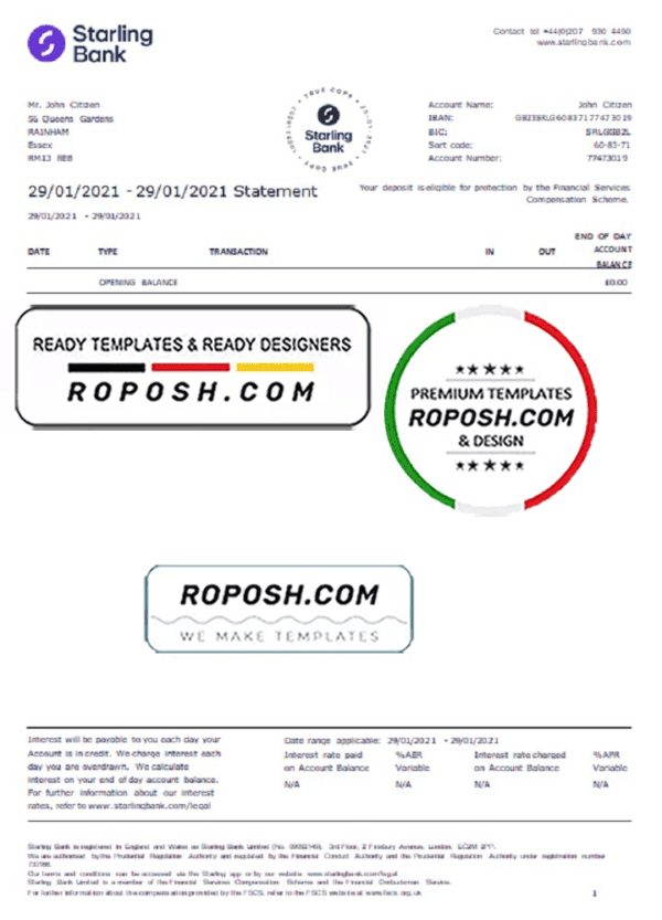 United Kingdom Starling bank statement template in Word and PDF format, good for address prove