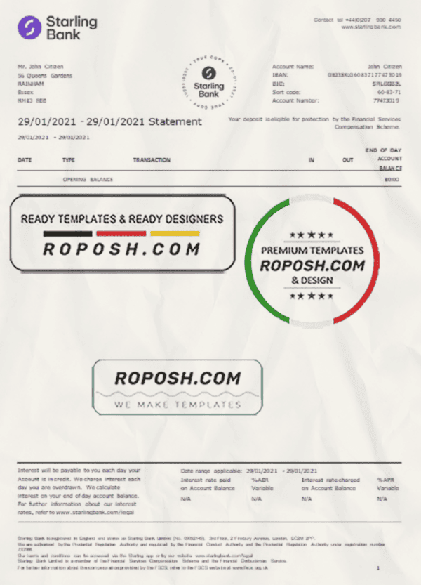 United Kingdom Starling bank statement template in Word and PDF format, good for address prove