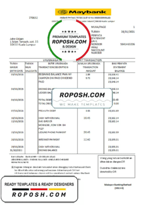 Malaysia Maybank bank statement easy to fill template in .xls and .pdf file format