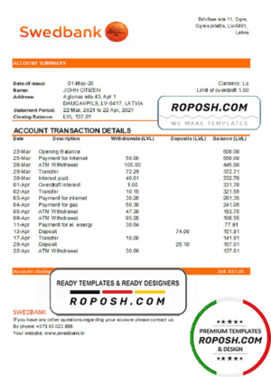 Latvia Swedbank bank statement easy to fill template in .xls and .pdf file format