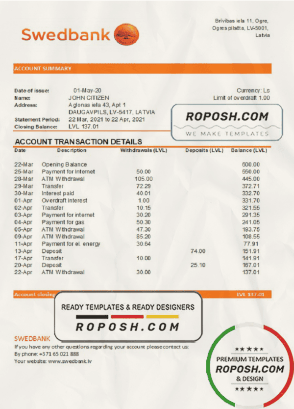 Latvia Swedbank bank statement easy to fill template in .xls and .pdf file format