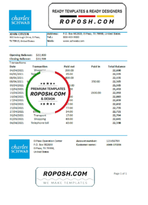 USA Charles Schwab & Co bank proof of address statement template in Word and PDF format