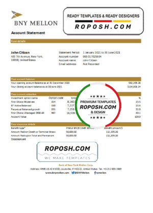 USA Bank of New York Mellon bank statement easy to fill template in Excel and PDF format