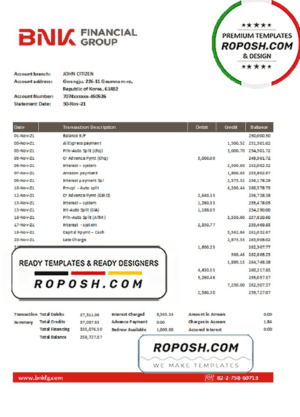 South Korea BNK bank statement easy to fill template in Excel and PDF format