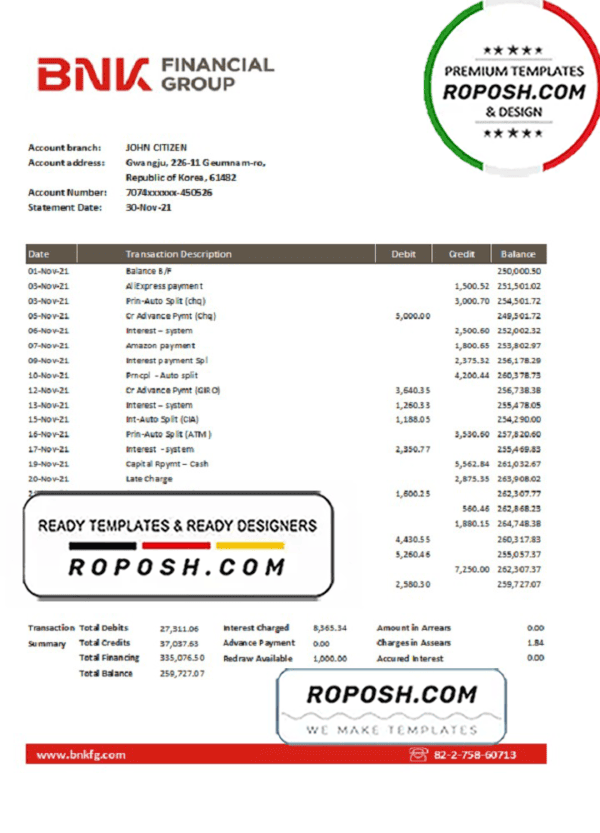 South Korea BNK bank statement easy to fill template in Excel and PDF format