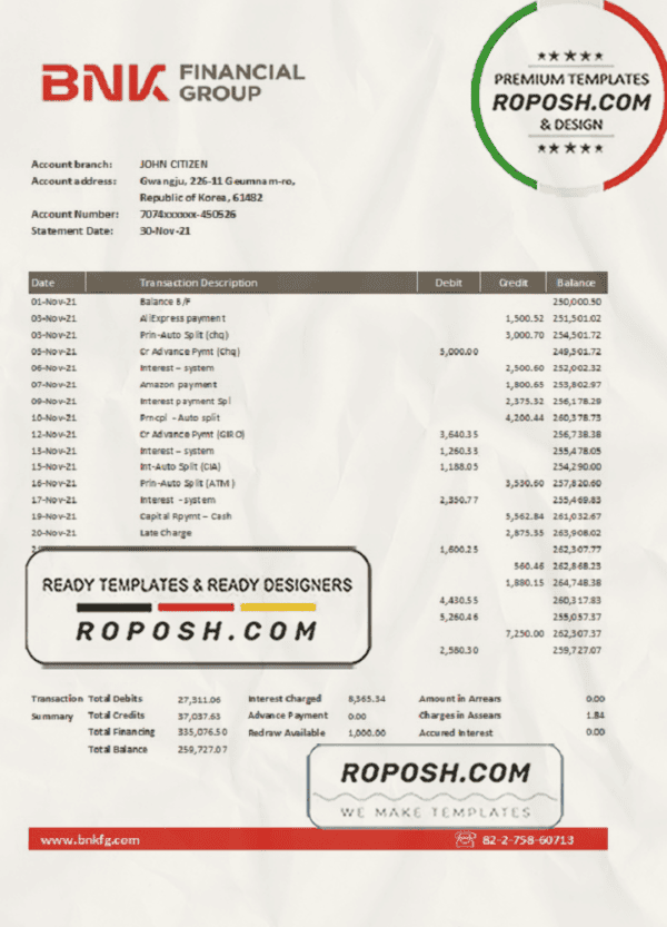 South Korea BNK bank statement easy to fill template in Excel and PDF format