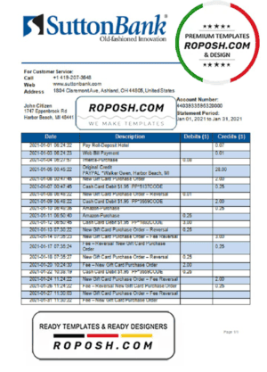 USA Ohio Sutton bank statement template in Word and PDF format