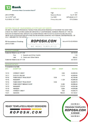 USA TD bank statement template in .xls and .pdf file format