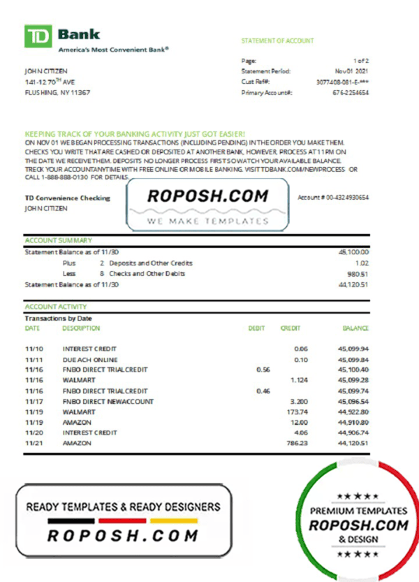 USA TD bank statement template in .xls and .pdf file format