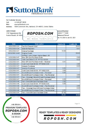 USA Ohio Sutton Bank statement template in .xls and .pdf file format