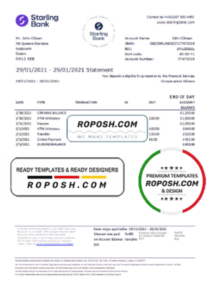 United Kingdom Starling bank statement template in .xls and .pdf file format, good for address prove