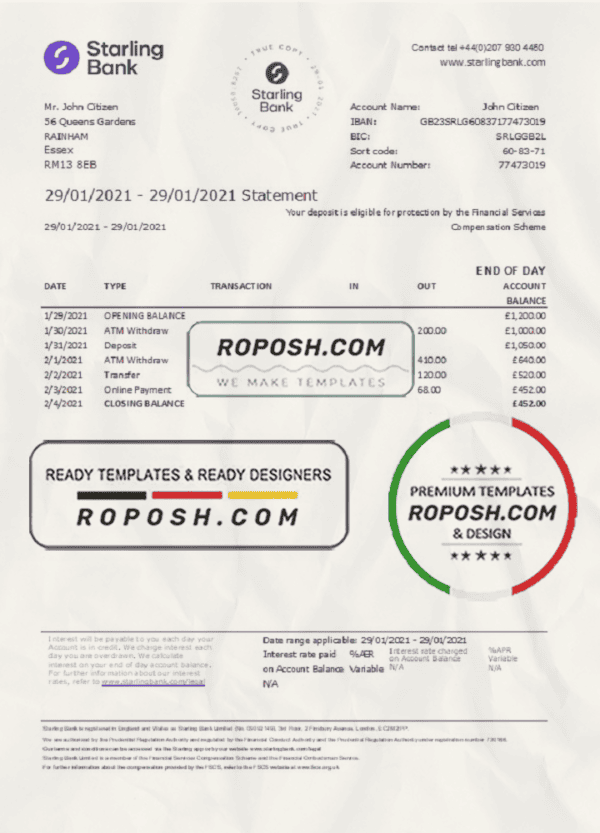 United Kingdom Starling bank statement template in .xls and .pdf file format, good for address prove