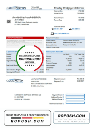 USA Carrington Mortgage Services bank statement easy to fill template in .xls and .pdf file format