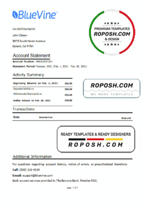 USA California BlueVine bank statement template in Word and PDF format, .doc and .pdf format