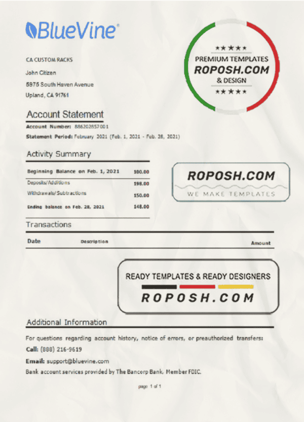 USA California BlueVine bank statement template in Word and PDF format, .doc and .pdf format