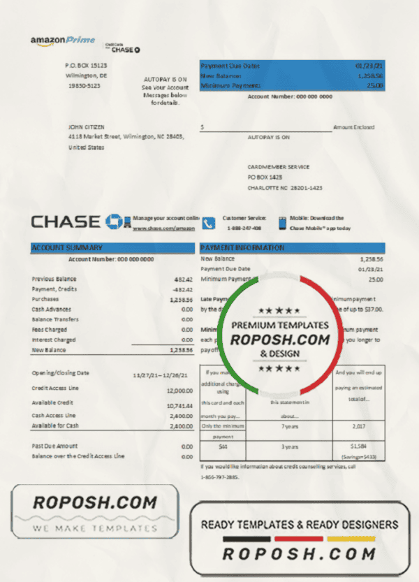 USA Chase bank credit card statement template in .xls and .pdf format