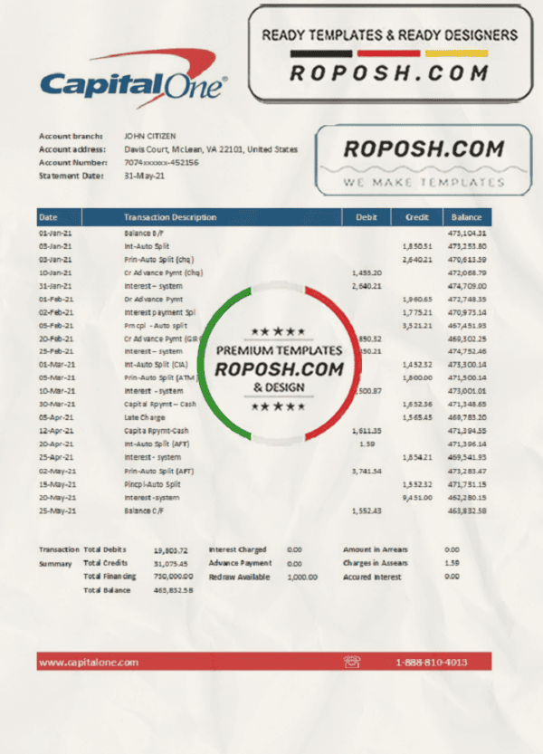 USA Capital One bank statement easy to fill template in Excel and PDF format
