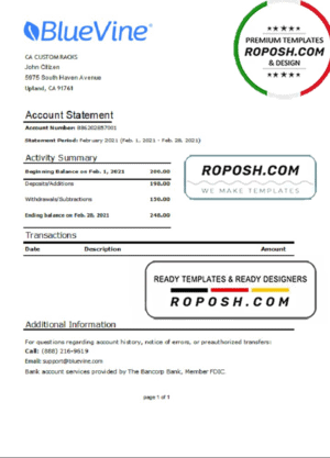 USA California BlueVine bank statement easy to fill template in .xls and .pdf file format