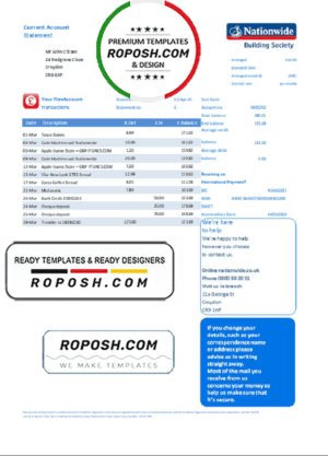 United Kingdom Nationwide bank statement template in Excel and PDF file format
