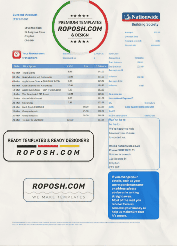 United Kingdom Nationwide bank statement template in Excel and PDF file format