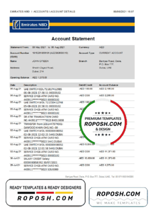 UAE Dubai Emirates NBD bank statement easy to fill template in Excel and PDF format