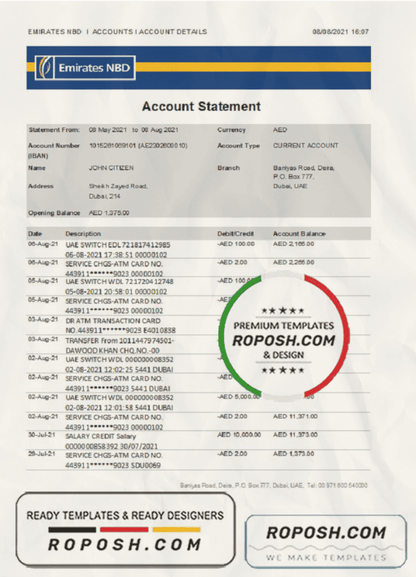 UAE Dubai Emirates NBD bank statement easy to fill template in Excel and PDF format
