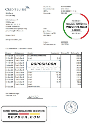 Switzerland Credit Suisse bank proof of address statement template in Word and PDF format (.doc and .pdf)