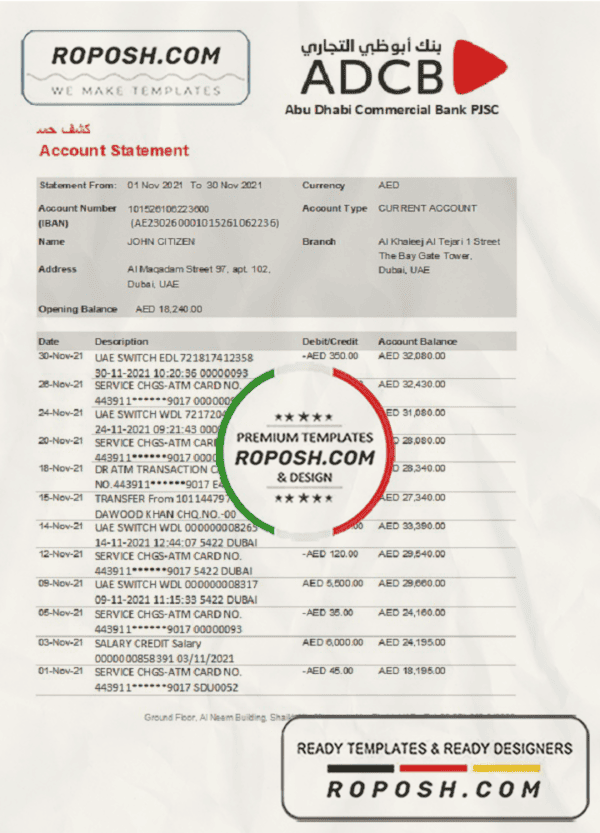 UAE Dubai ADCB bank statement template in Word and PDF format roposh