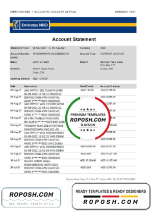 UAE Dubai Emirates NBD bank proof of address statement template in Word and PDF format