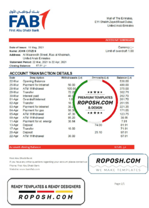 UAE First Abu Dhabi bank statement easy to fill template in Word and PDF format