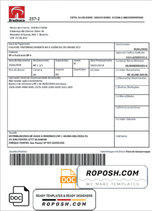 Brazil Bradesco bank proof of address statement template in Word and PDF format