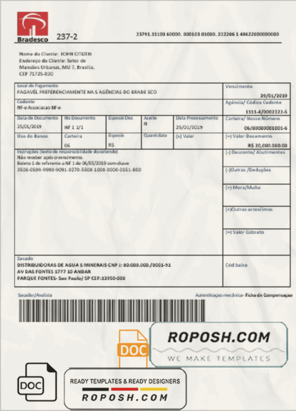 Brazil Bradesco bank proof of address statement template in Word and PDF format