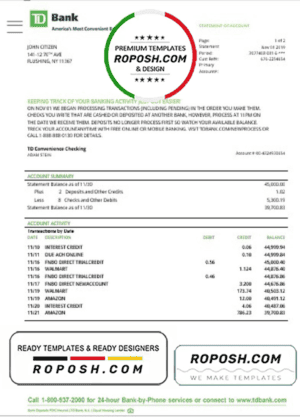 USA TD bank statement template, Word and PDF format (.doc and .pdf)