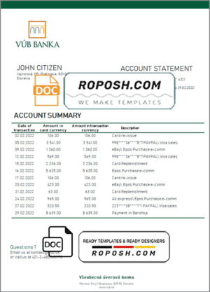 Slovakia VUB bank statement template in Word and PDF format