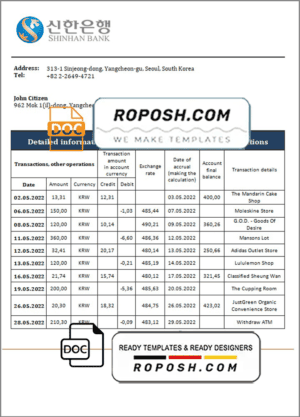 South Korea Shinhan bank statement template in Word and PDF format