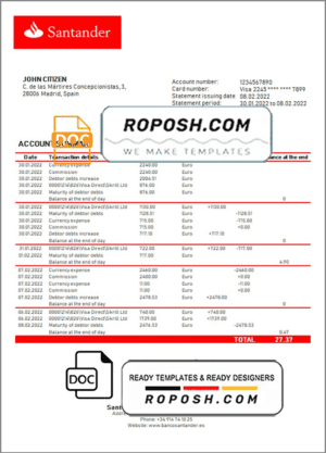 Spain Santander bank statement template in Word and PDF format, version 2