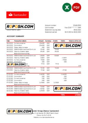 Spain Santander bank statement, Excel and PDF template