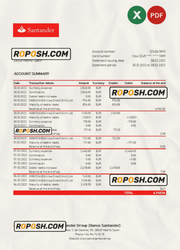 Spain Santander bank statement, Excel and PDF template