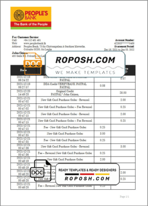 Sri Lanka People’s Bank bank statement template in Word and PDF format, version 2