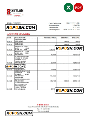 Sri Lanka Seylan bank statement, Excel and PDF template