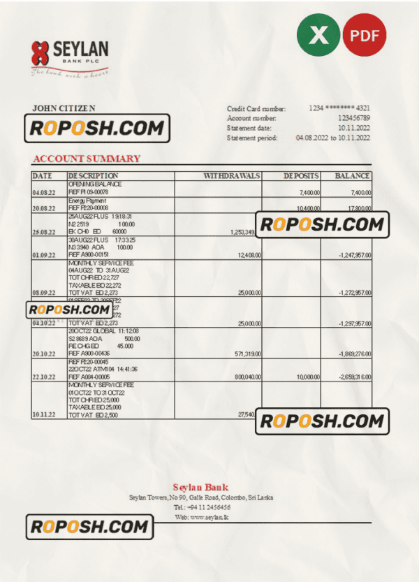 Sri Lanka Seylan bank statement, Excel and PDF template