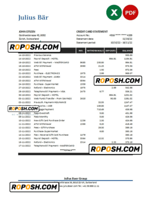 Switzerland Julius Bar bank statement, Excel and PDF template