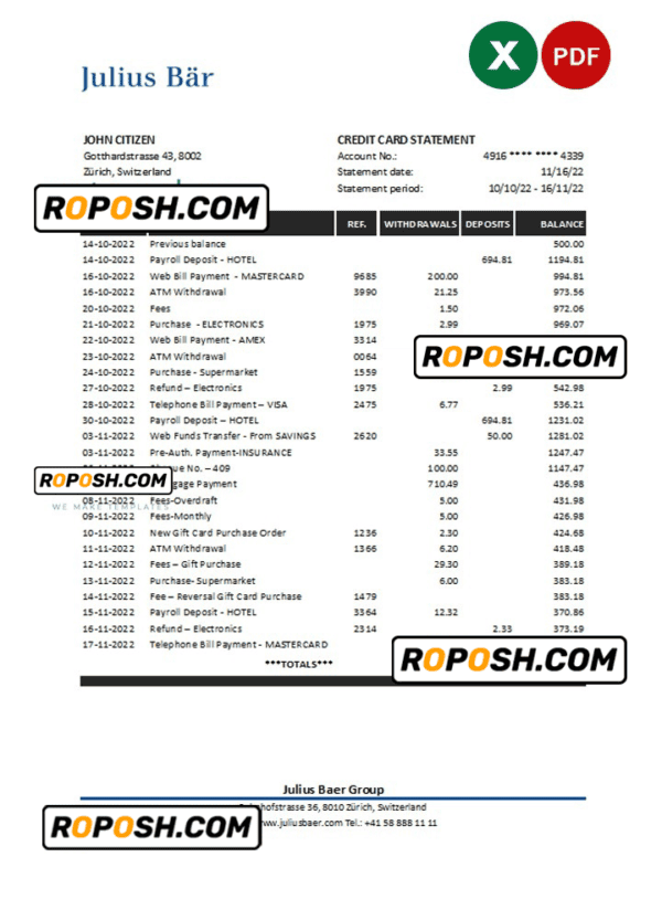 Switzerland Julius Bar bank statement, Excel and PDF template