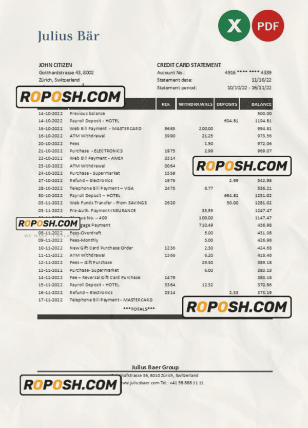 Switzerland Julius Bar bank statement, Excel and PDF template