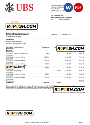 Switzerland UBS bank statement, Word and PDF template