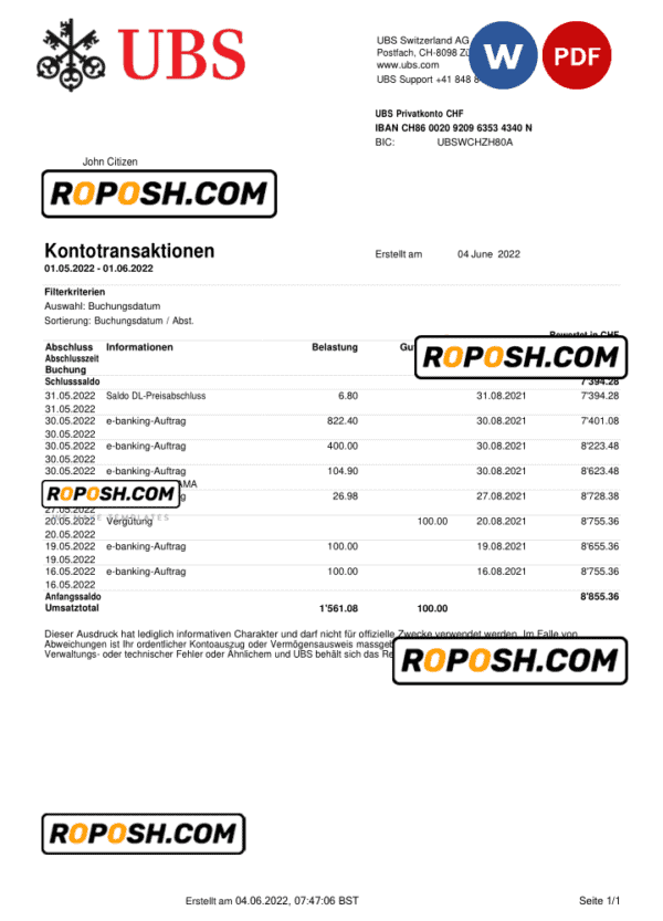 Switzerland UBS bank statement, Word and PDF template