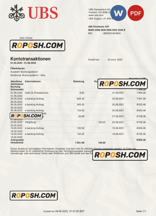 Switzerland UBS bank statement, Word and PDF template