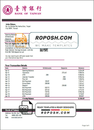 Taiwan Bank of Taiwan bank statement template in Word and PDF format